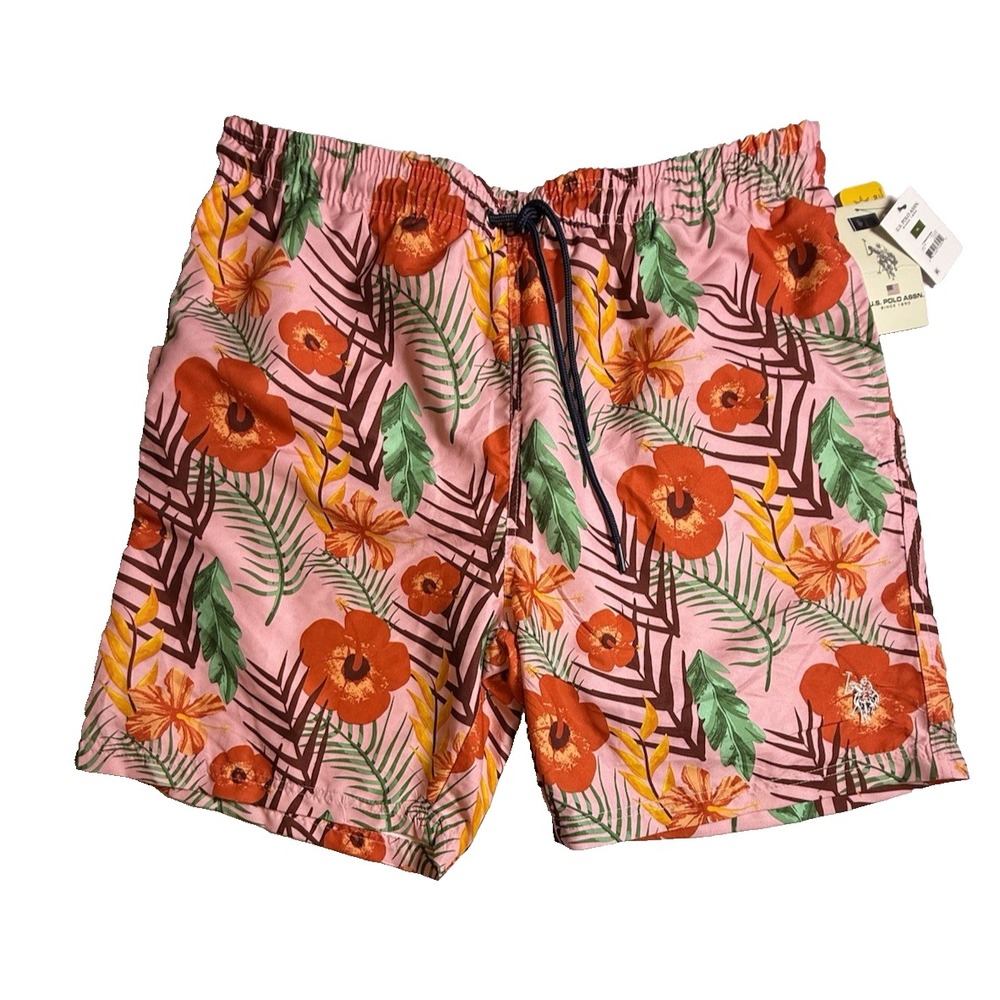 U.S. Polo ASSN. Men's Prink Hawaiian Print Swim Shorts/Trunks Pink Size XL-717